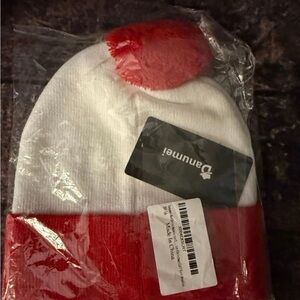 Red & White Beanie Hat w/Pom for Men or Women (One Size)